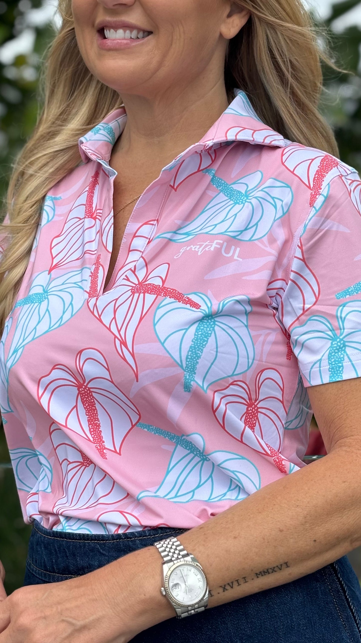 Women's Pink Anthurium Polo